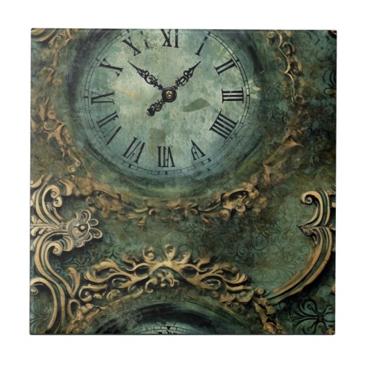 Carreau Horloge Steampunk Rustique Vert Émeraude (Devant)