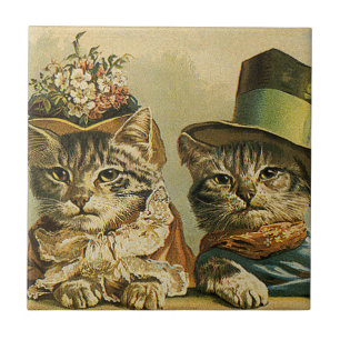 Carreau Humour Vintage, Mariés Victoriens Chats à Chapeaux
