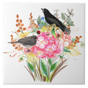 Carreau Hydrangea à l'aquarelle décorative avec oiseaux