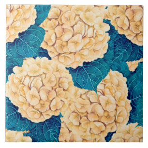 Carreau Hydrangea aquarelle motif, jaune et bleu