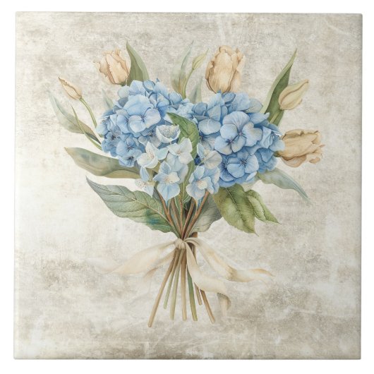Carreau Hydrangea Bleu Floral Aquarelle Rustique (Devant)