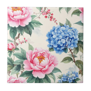 Carreau Hydrangea et Pivoine Botanique Bleu Cobalt
