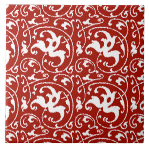 Carreau Ikat Floral Damask - Rouge foncé et blanc