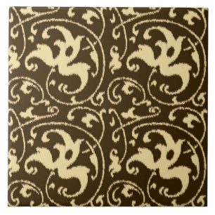 Carreau Ikat floral damassé - Marron chocolat et beige