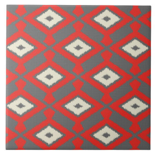 Carreau Ikat Motif - Rouge, gris et beige