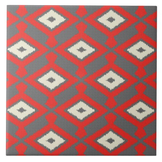 Carreau Ikat Motif - Rouge, gris et beige (Devant)