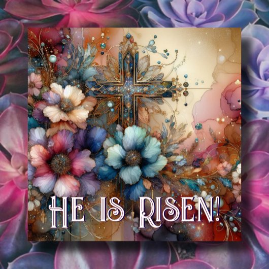 Carreau Il Est Ressuscité Écriture Florale Aquarelle Croix