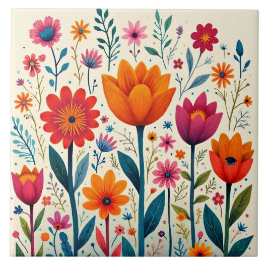 Carreau Illustration d'art de fleurs colorées, (Devant)