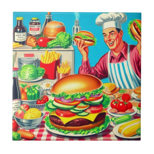 Carreau Illustration de bande dessinée Retro Hamburger (Devant)