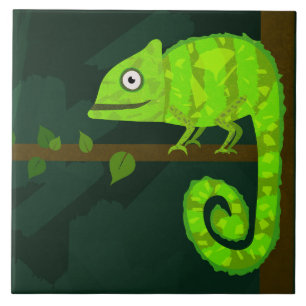 Carreau Illustration de caméléon vert mignon Reptile tropi