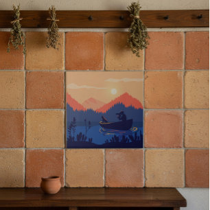 Carreau Illustration de canoë sur le lac au coucher du sol