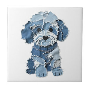 Carreau Illustration de chien en patchwork de denim mignon