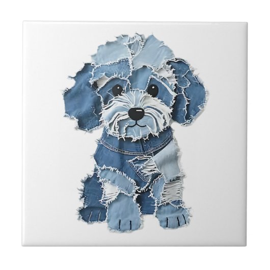 Carreau Illustration de chien en patchwork de denim mignon (Devant)