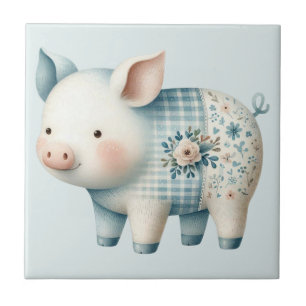 Carreau Illustration de Cottagecore avec un Cochon en Patc