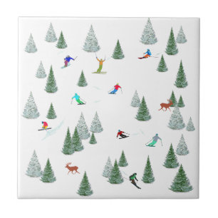 Carreau Illustration de skieurs en ski descente Blanc 