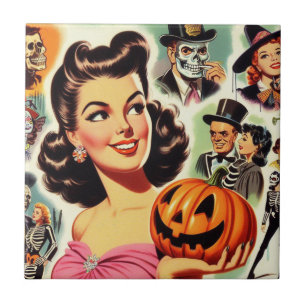 Carreau Illustration d'Halloween pour fille vintage