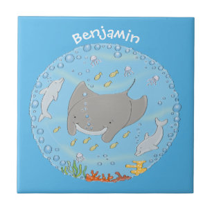 Carreau Illustration d'une mignonne raie manta et de bulle