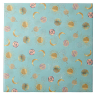 Carreau Illustration Gold Sun Moon Planètes Space Blue