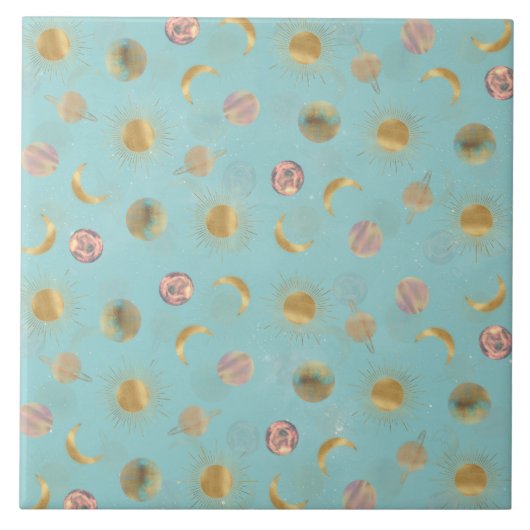 Carreau Illustration Gold Sun Moon Planètes Space Blue (Devant)