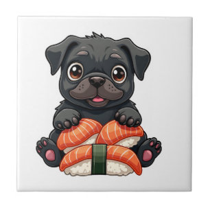Carreau Illustration vectorielle de sushi de pug noir mign
