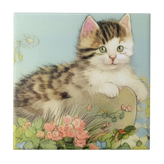 Carreau Illustration vintage de chat avec fleurs roses (Devant)