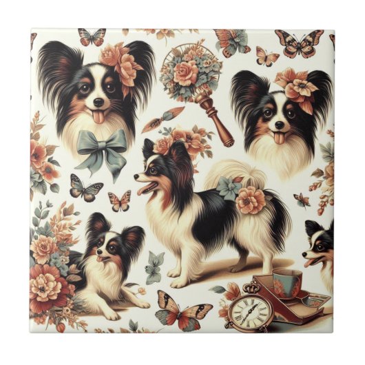 Carreau Illustration Vintage de chien Papillon (Devant)