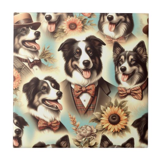 Carreau Illustration vintage des bordures Collie (Devant)