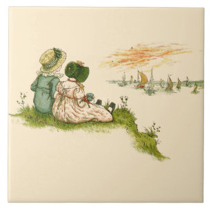 Carreau Illustration vintage deux filles Kate Greenaway