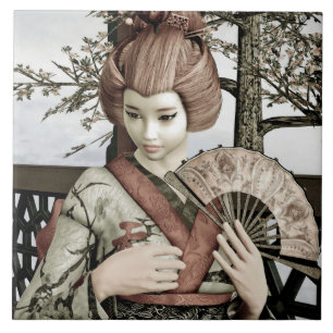 Carreau Illustration vintage d'un éventail de geisha en ki