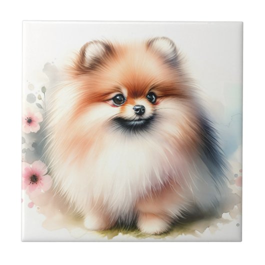 Carreau Image d'aquarelle mignonne Pomeranian (Devant)