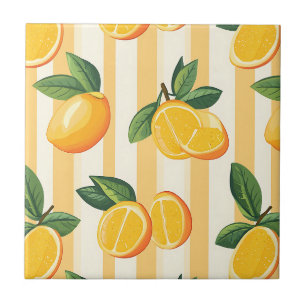 Carreau Impression botanique de citron jaune sur rayures c