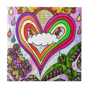 Carreau Impression d'art de cœur arc-en-ciel psychédélique