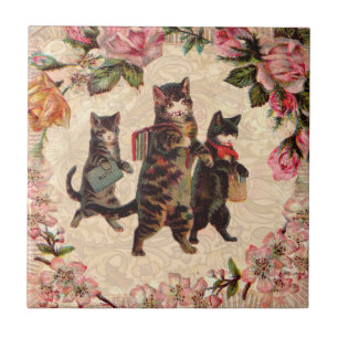 Carreau Impression de chatons vintage allant à l'école : V