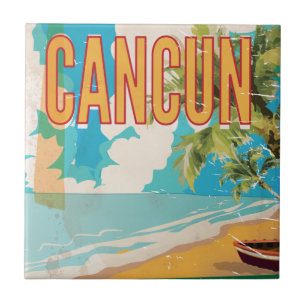 Carreau Impression de poster de voyage vintage de la plage