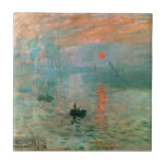 Carreau Impression, lever de soleil par Claude Monet<br><div class="desc">Cette célèbre peinture présente le soleil dans la brume et quelques mâts de bateaux qui s'accrochent au premier plan. Le paysage n'est rien d'autre qu'une impression, et une impression instantanée. Claude Monet Claude Monet était un fondateur de la peinture impressionniste française. Le terme impressionnisme est dérivé du titre de sa...</div>