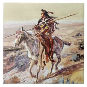 Carreau « Indien avec lance » Cowboy Art par Charles Russe