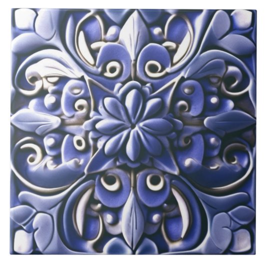 Carreau Indigo Azulejo Blue Faux Relief Fleur botanique (Devant)