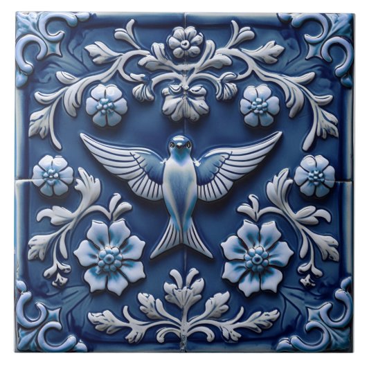 Carreau Indigo Azulejo Blue Portuguese Lisbon bird (Devant)