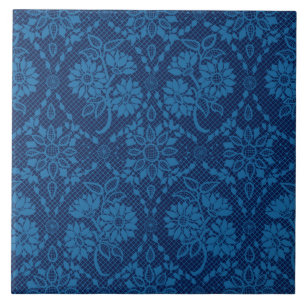 Carreau Indigo Blue Floral Faux Lace Motif