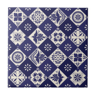 Carreau Indigo foncé Beige Mexicain Floral Oiseaux Talaver