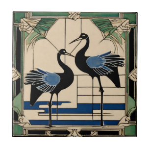 Carreau Inséparables deux grues Green Art Déco Art Nouveau