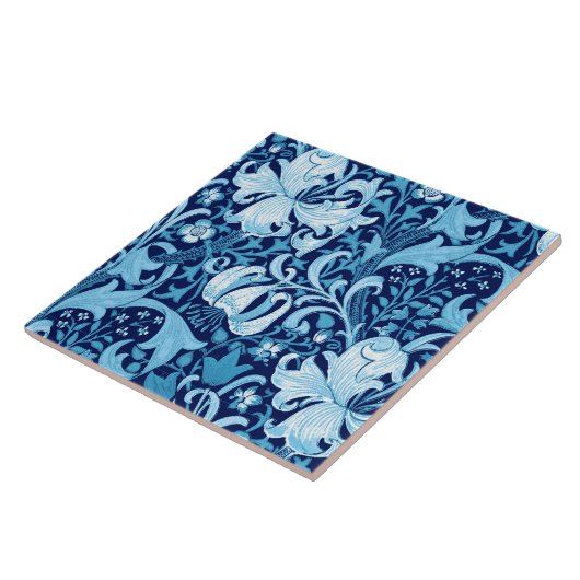 Carreau Iris de William Morris et lis, bleu d'indigo (Côté)