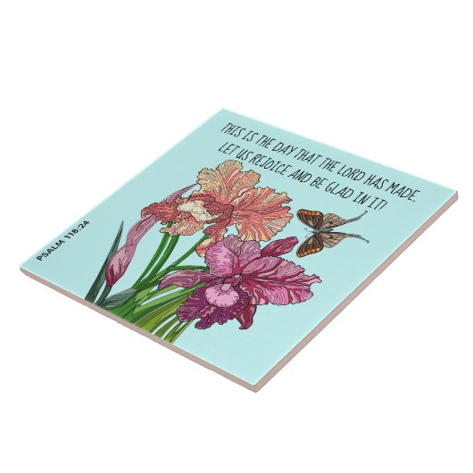 Carreau Iris et papillon avec vers de Psaume 118:24 (Côté)