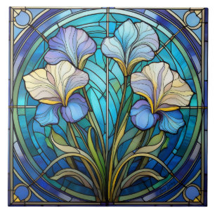 Carreau Iris Floral Gauche Art Nouveau Bleu Vert Rétro