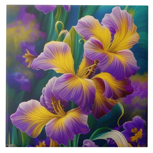 Carreau Iris Floral Violet et bleu or feuilles (Devant)