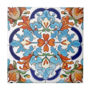 Carreau Iznik Floral turc Orange Rouge Bleu Fleur