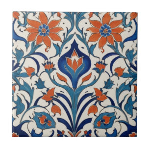 Carreau Iznik Floral Turc Vintage Orange Bleu Fleurs