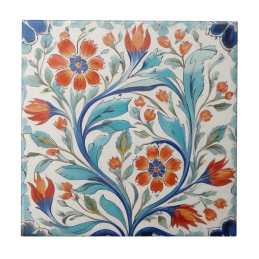 Carreau Iznik Turc Floral Vert Bleu Orange Rouge Fleurs (Devant)