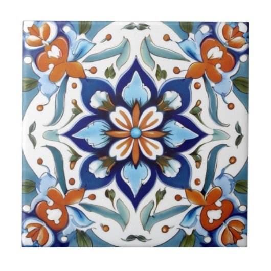 Carreau Iznik Turc traditionnel Orange Rouge Bleu Fleur (Devant)