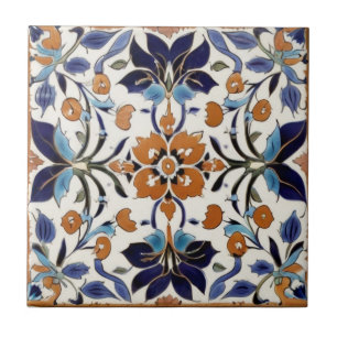 Carreau Iznik Turc Vintage Orange Bleu Noir Floral